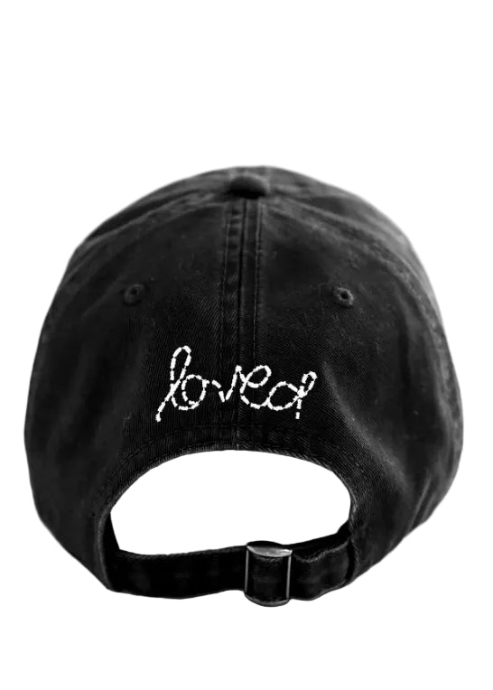 back view of Baseball Hat Heart Patch Black White-Kerri Rosenthal