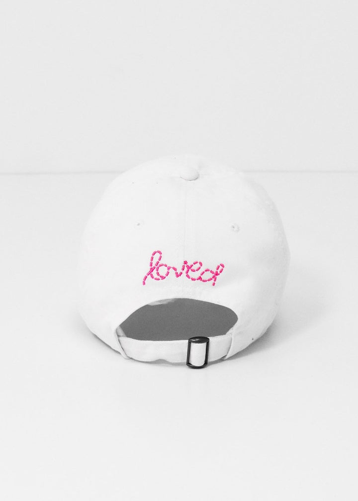 back view of White/Neon Pink Baseball Hat Heart Patch by Kerri Rosenthal