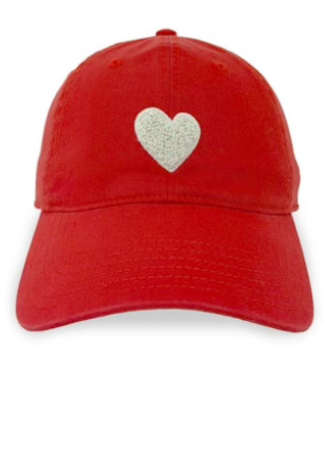 Cherry Red KR Imperfect Hat by Kerri Rosenthal with a White Chenille Heart 