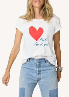 Model wearing the White Suke" Fool for Love" Tee by Kerri Rosenthal
