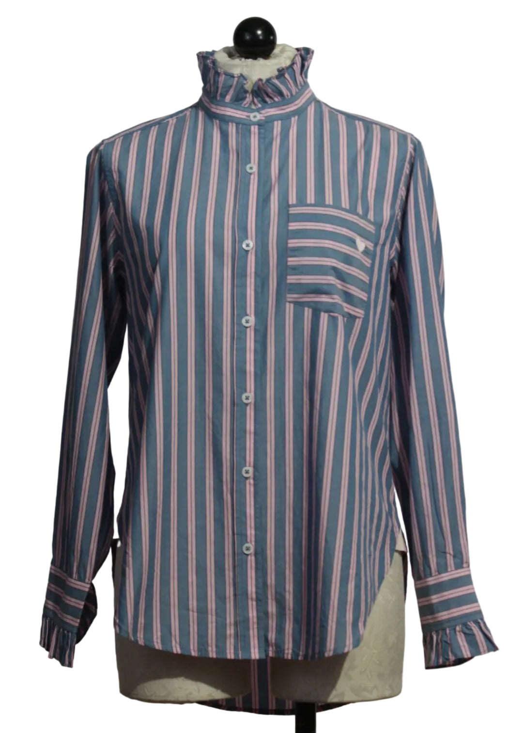 Blue and Pink Mia Ruffle Stripe Shirt by Kerri Rosenthal 