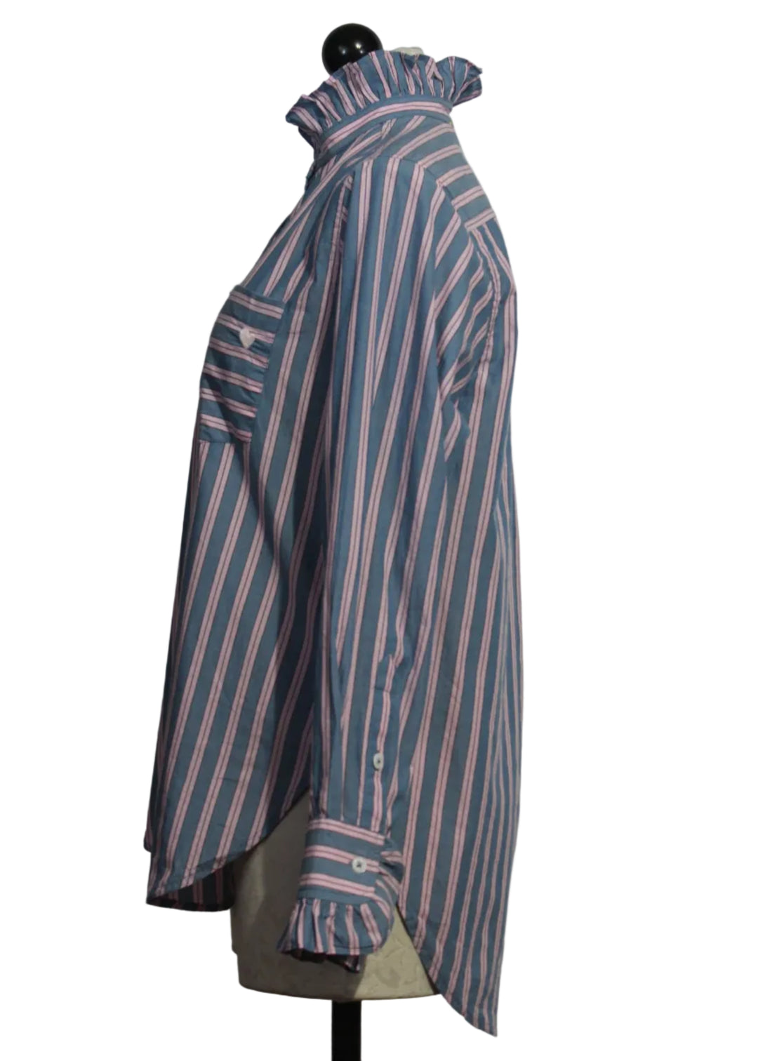 Side view of Blue and Pink Mia Ruffle Stripe Shirt by Kerri Rosenthal 