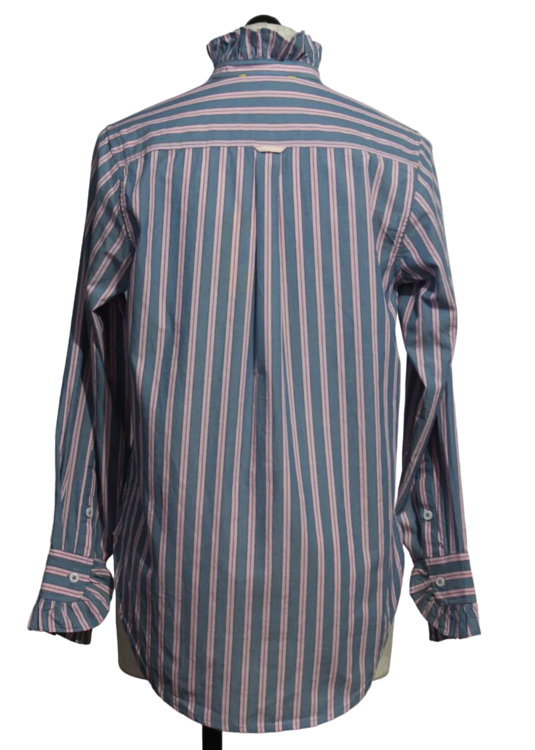 back view of Blue and Pink Mia Ruffle Stripe Shirt by Kerri Rosenthal 