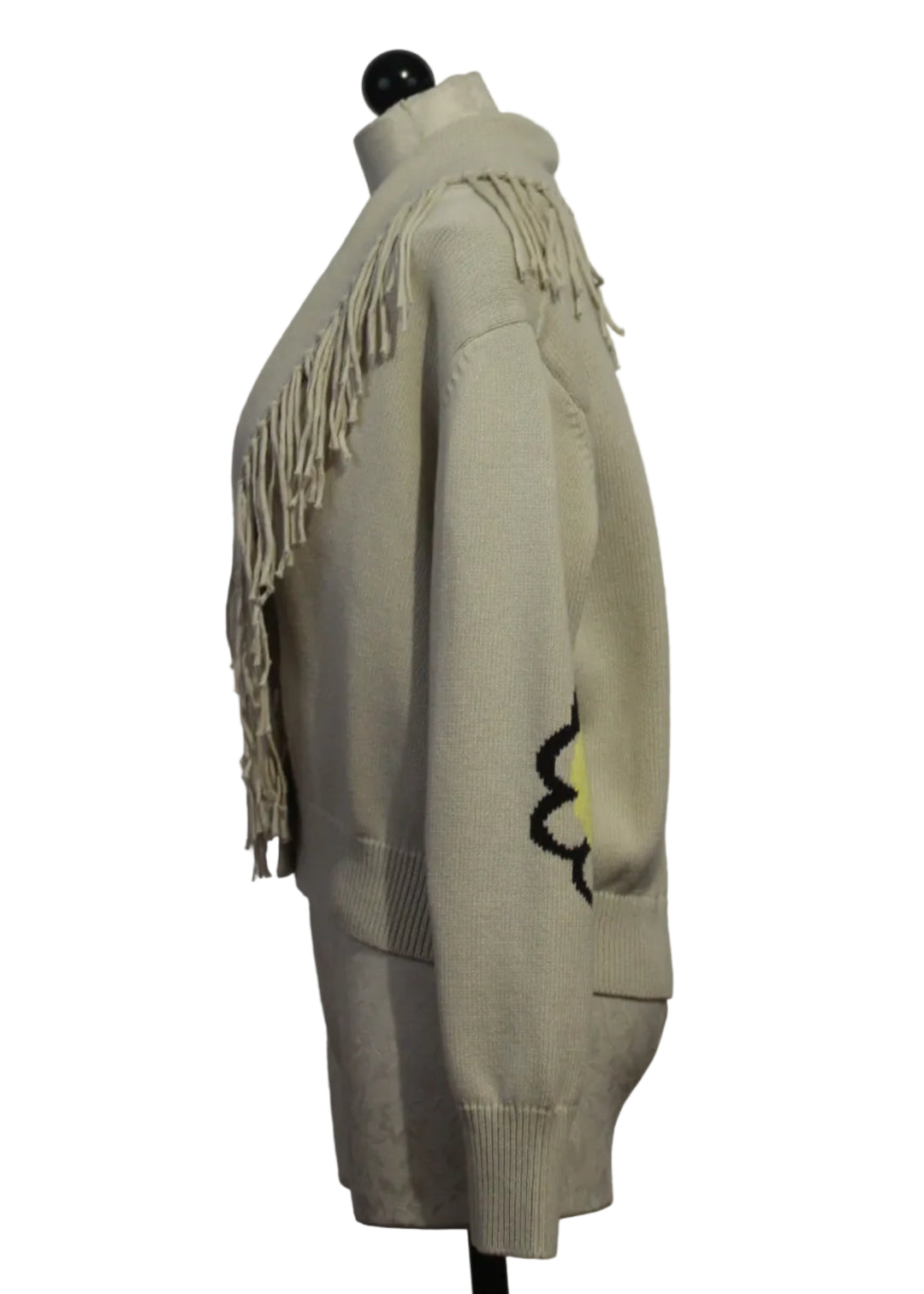 Side view of Chalk Colored Fringed Shawl Collar Cardigan by Kerri Rosenthal