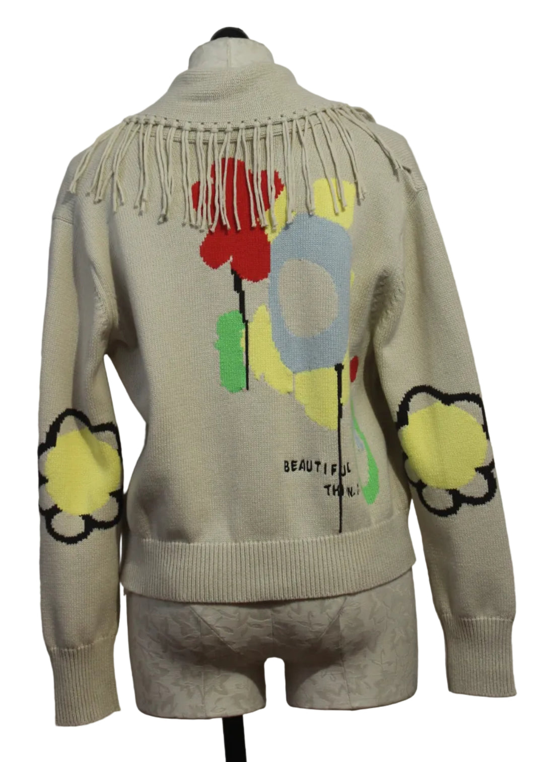 Back view of Chalk Colored Fringed Shawl Collar Cardigan by Kerri Rosenthal