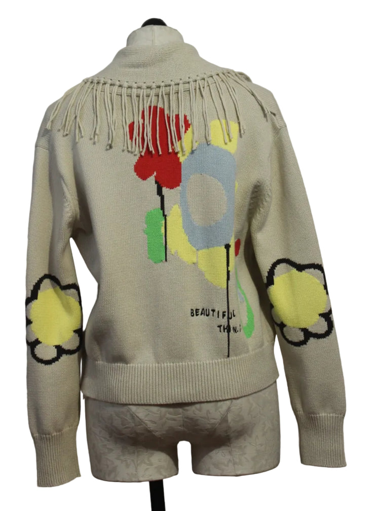 Back view of Chalk Colored Fringed Shawl Collar Cardigan by Kerri Rosenthal