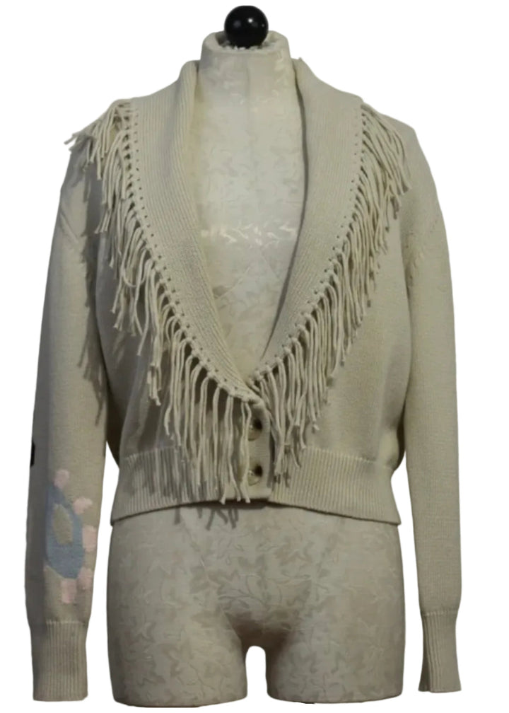 Chalk Colored Fringes Shawl Collar Cardigan by Kerri Rosenthal