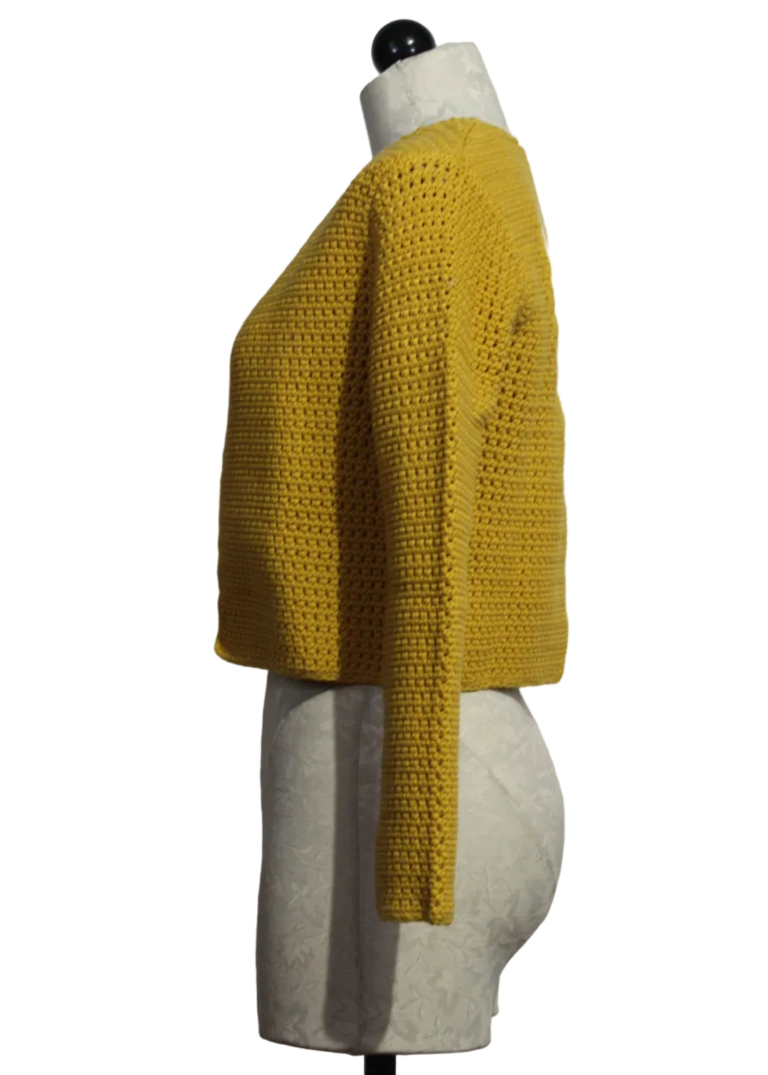 side view of Golden Yellow Frankie Beau-Lero knit cropped Cardigan by Kerri Rosenthal 