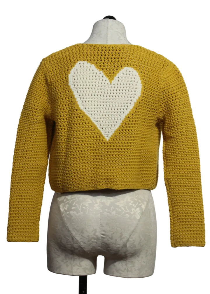back view of Golden Yellow Frankie Beau-Lero knit cropped Cardigan by Kerri Rosenthal 