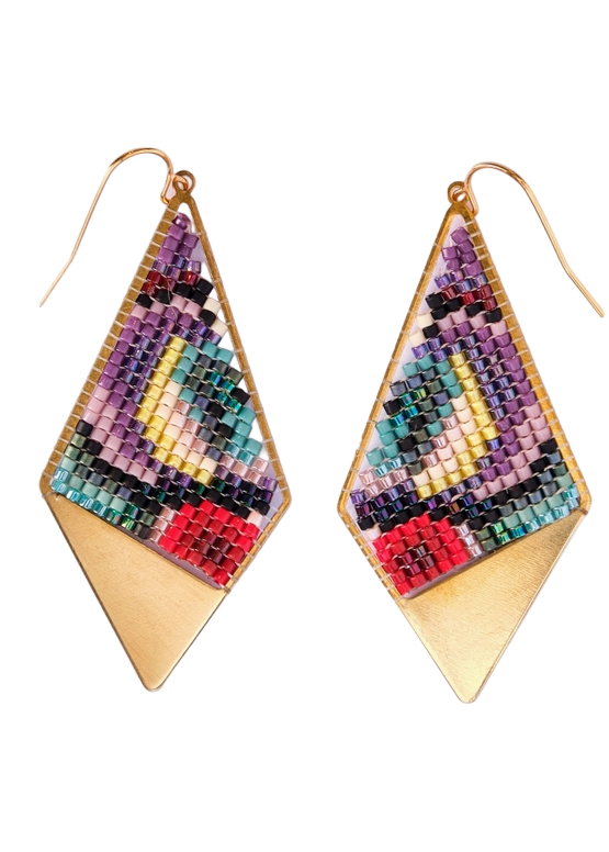 Red/Purple Beaded Handwoven Kaleidoscope Kite Earrings by Mayana Designs Co