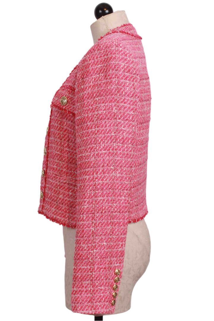 side view of Karson Tweed Blazer by Generation Love in Hot Pink