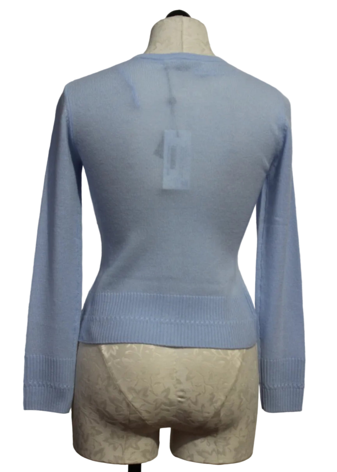 back view of Blue Aura Kinsley Classic Cardigan by Alashan Cashmere
