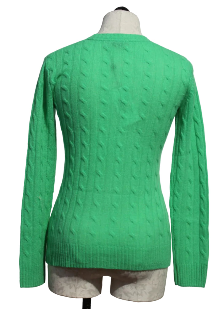 back view of Kelly colored Breezy Cable Pullover by Alashan Cashmere
