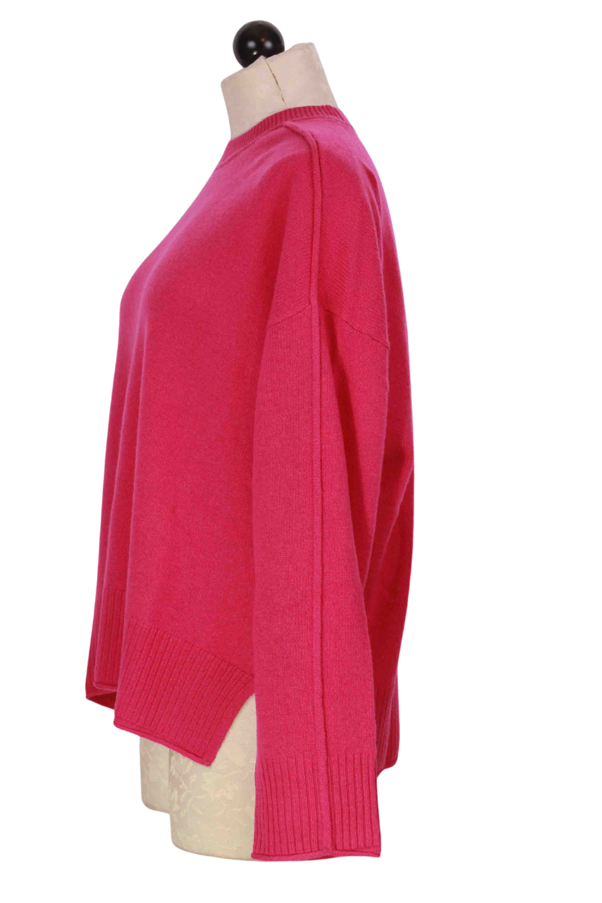 Side view of Dragon Fruit Colored Emilia Crew Neck Sweater by Alashan Cashmere