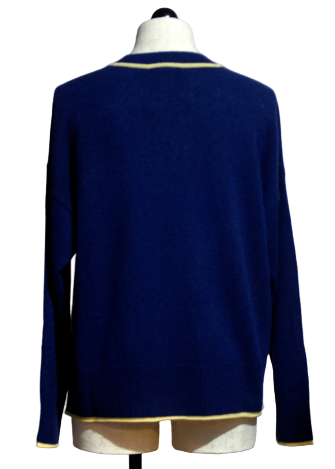 Back view of the Midnight and Butter colored Cashmere Eliana Crew Sweater with Tipping by Alashan Cashmere