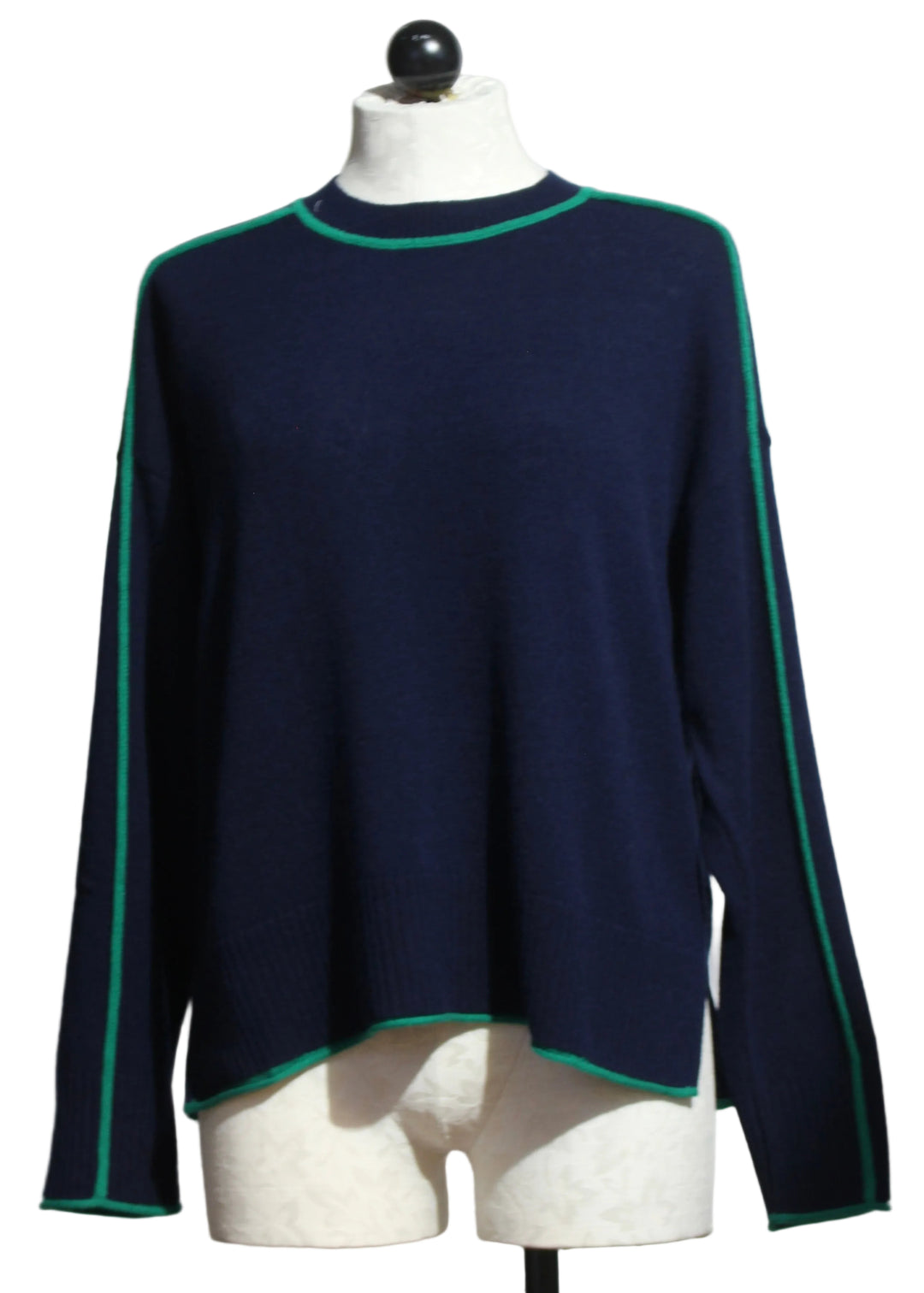 Indigo and Flora colored Cashmere Eliana Crew Sweater with Tipping by Alashan Cashmere