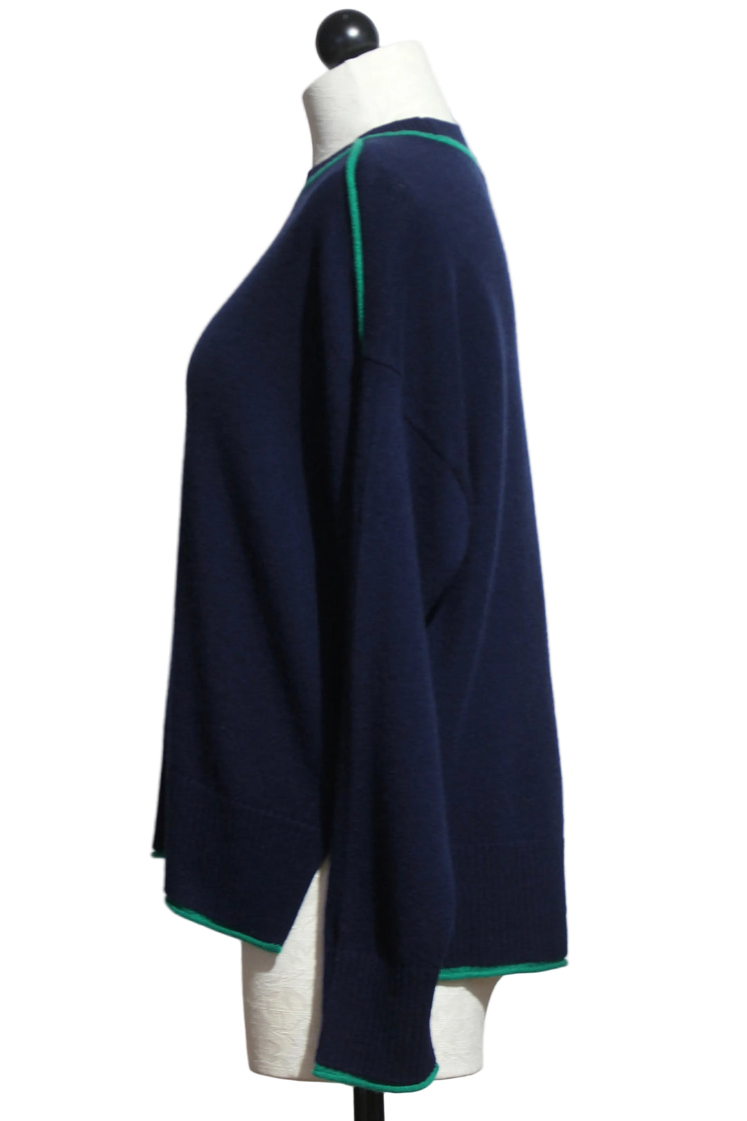 Side view of the Indigo and Flora colored Cashmere Eliana Crew Sweater with Tipping by Alashan Cashmere