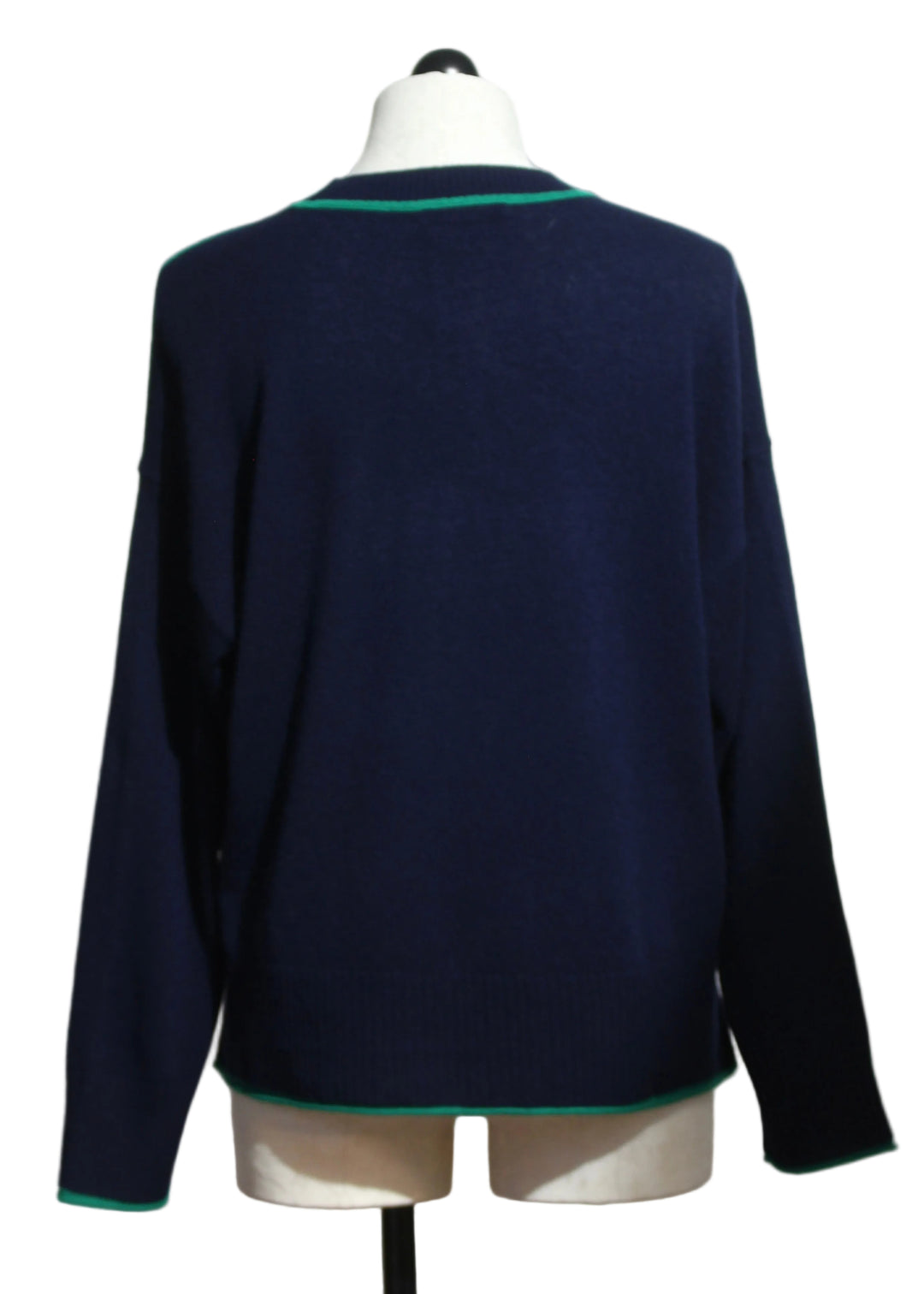 Back view of the Indigo and Flora colored Cashmere Eliana Crew Sweater with Tipping by Alashan Cashmere
