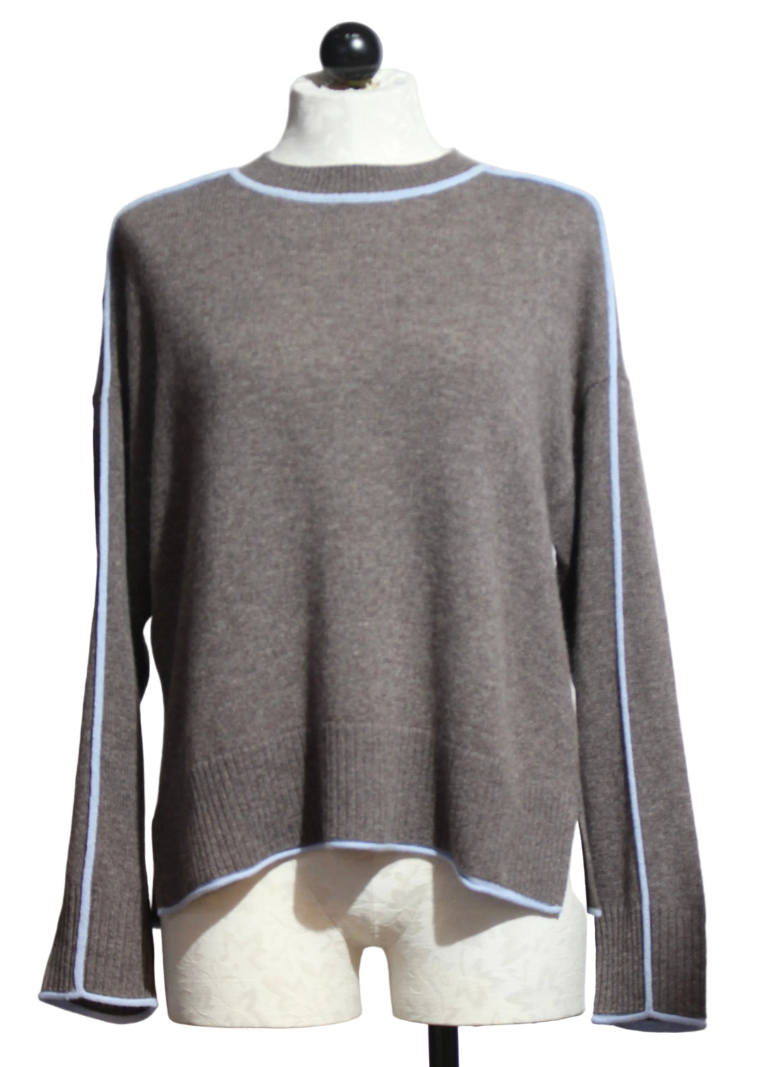 Portabella and Blue Aura colored Cashmere Eliana Crew Sweater with Tipping by Alashan Cashmere
