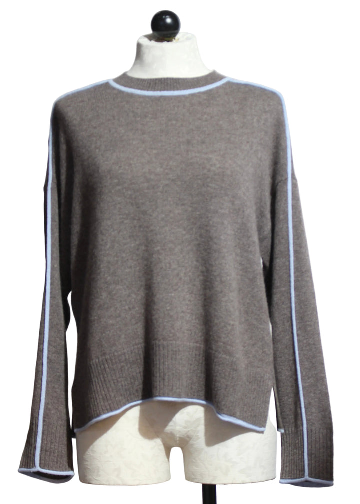 Portabella and Blue Aura colored Cashmere Eliana Crew Sweater with Tipping by Alashan Cashmere