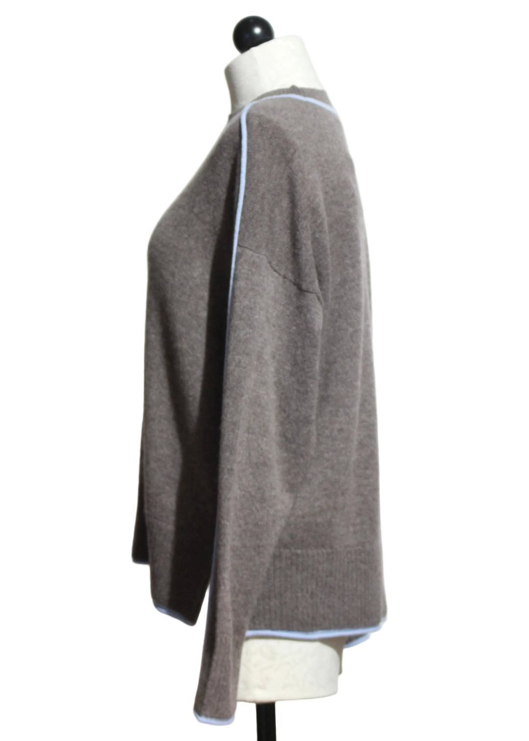 Side view of the Portabella and Blue Aura colored Cashmere Eliana Crew Sweater with Tipping by Alashan Cashmere