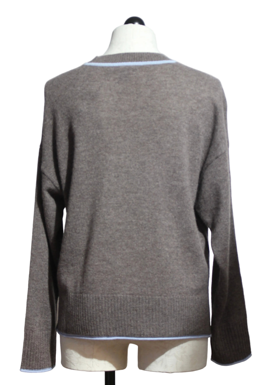 Back view of the Portabella and Blue Aura colored Cashmere Eliana Crew Sweater with Tipping by Alashan Cashmere