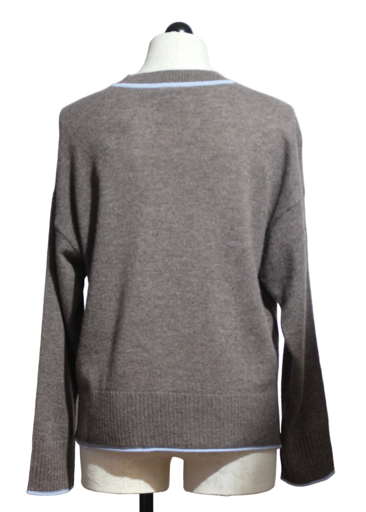 Back view of the Portabella and Blue Aura colored Cashmere Eliana Crew Sweater with Tipping by Alashan Cashmere