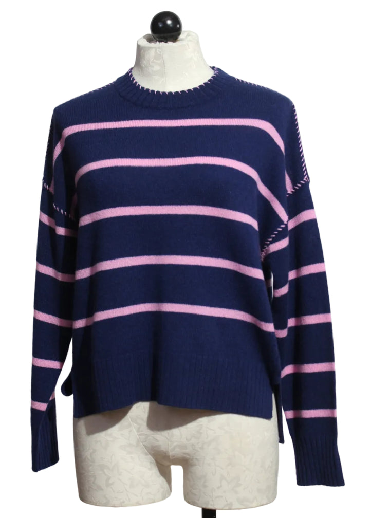 Midnight and Glam Pink Eloise Striped Crew with Whipstitch by Alashan Cashmere