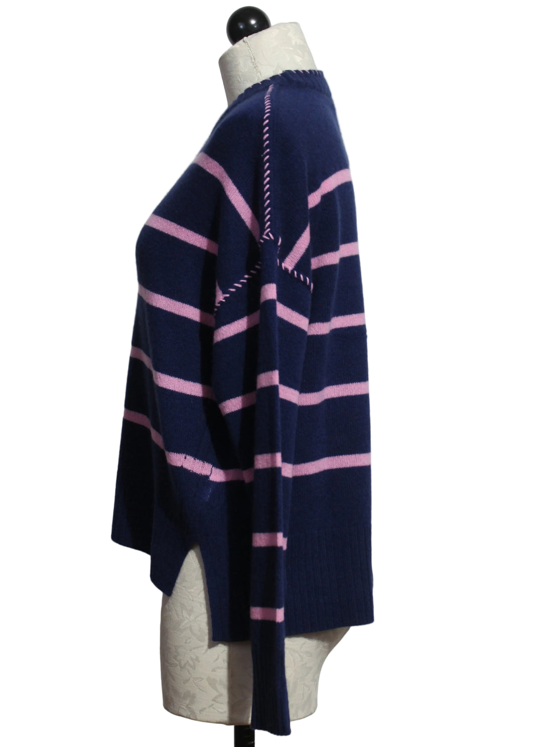 side view of Midnight and Glam Pink Eloise Striped Crew with Whipstitch by Alashan Cashmere