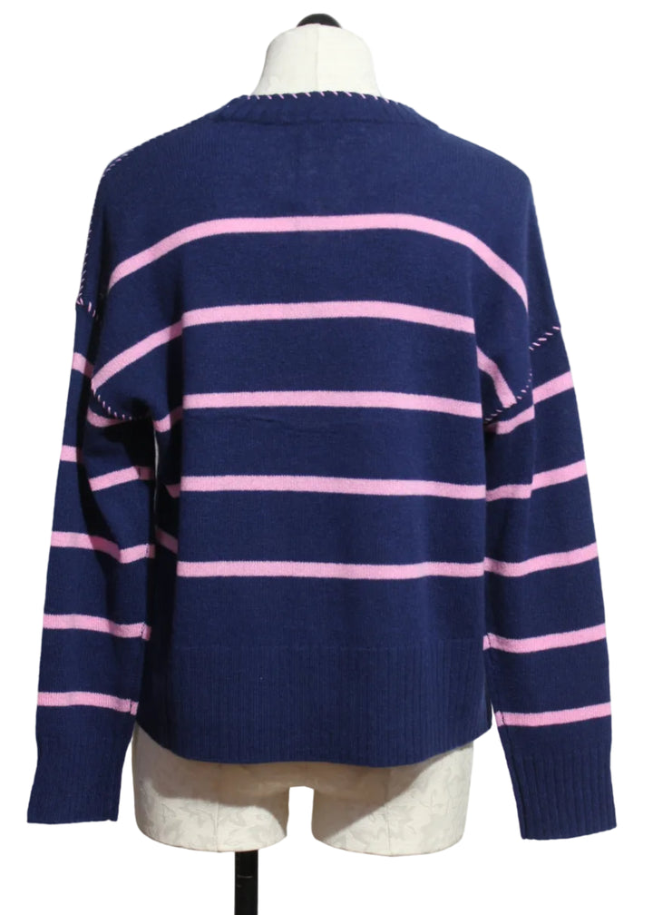 back view of Midnight and Glam Pink Eloise Striped Crew with Whipstitch by Alashan Cashmere
