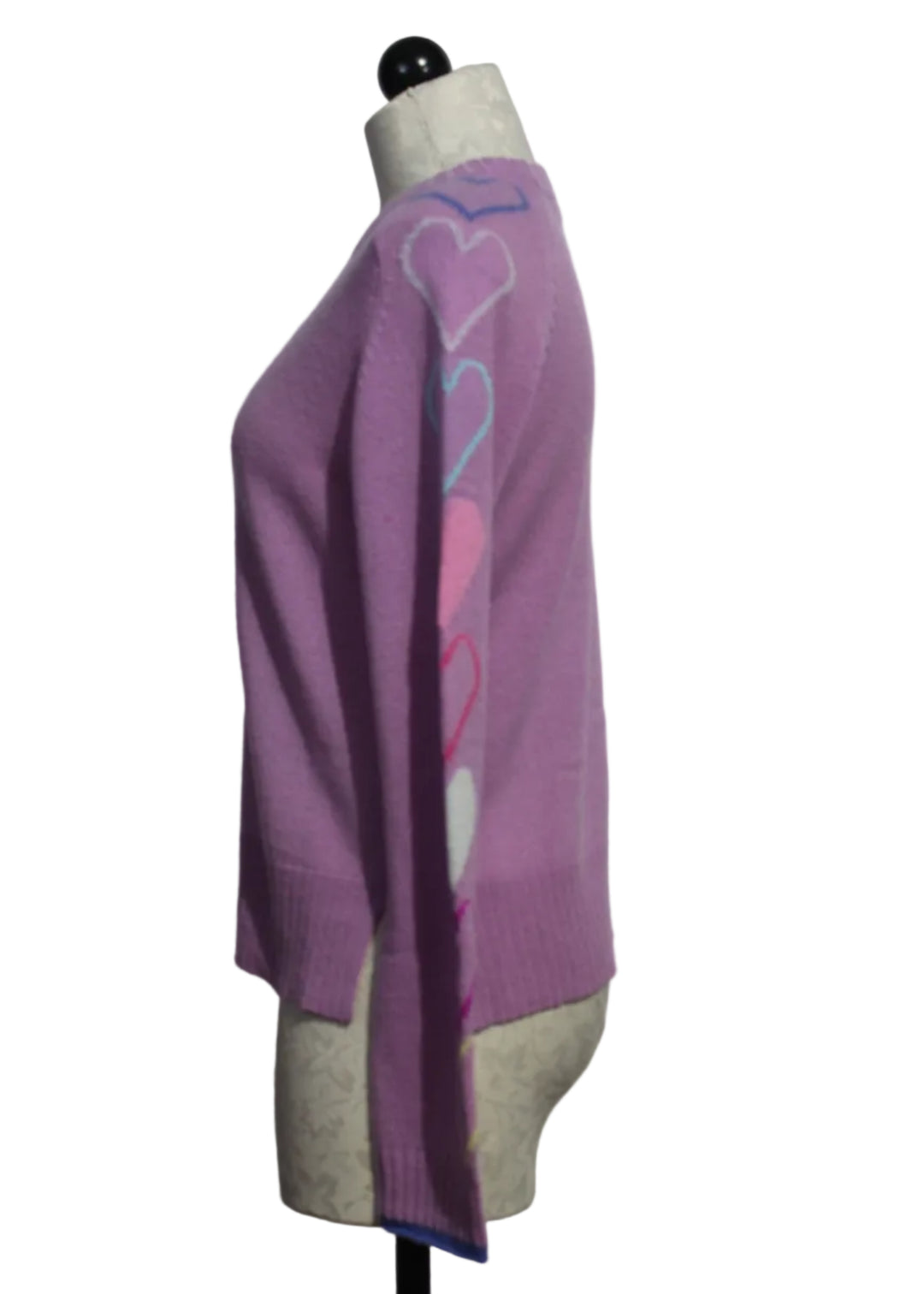 side view of Riviera colored Hearts and Hugs Crew Neck by Alashan Cashmere 