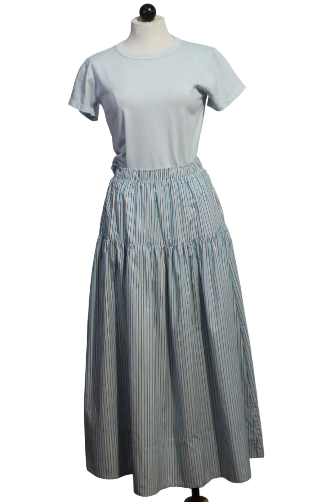 Classic Short Sleeve Marielle Tee by Asher in Ice Blue paired with the Striped Jenny Skirt by Asher in Blue Haze