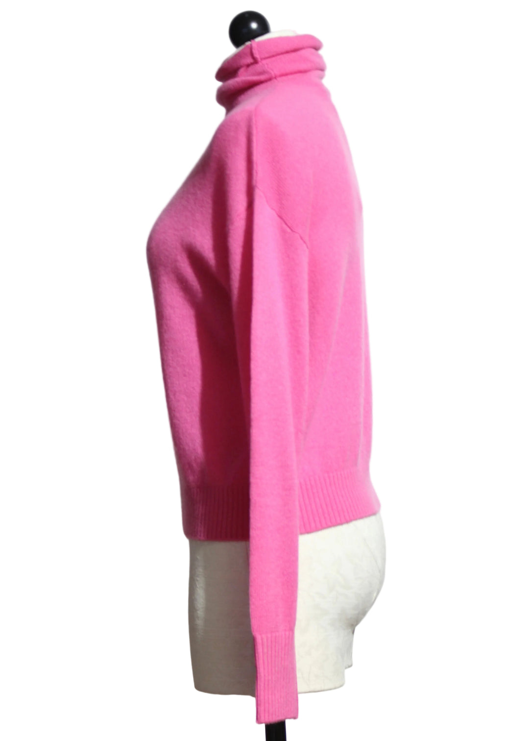 Side view of Lovestruck colored Cashmere Rosa Drop Shoulder Turtleneck by Alashan Cashmere 