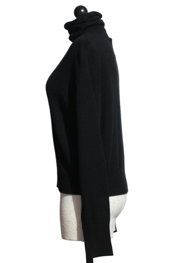 Side view of Ebony colored Cashmere Rosa Drop Shoulder Turtleneck by Alashan Cashmere 