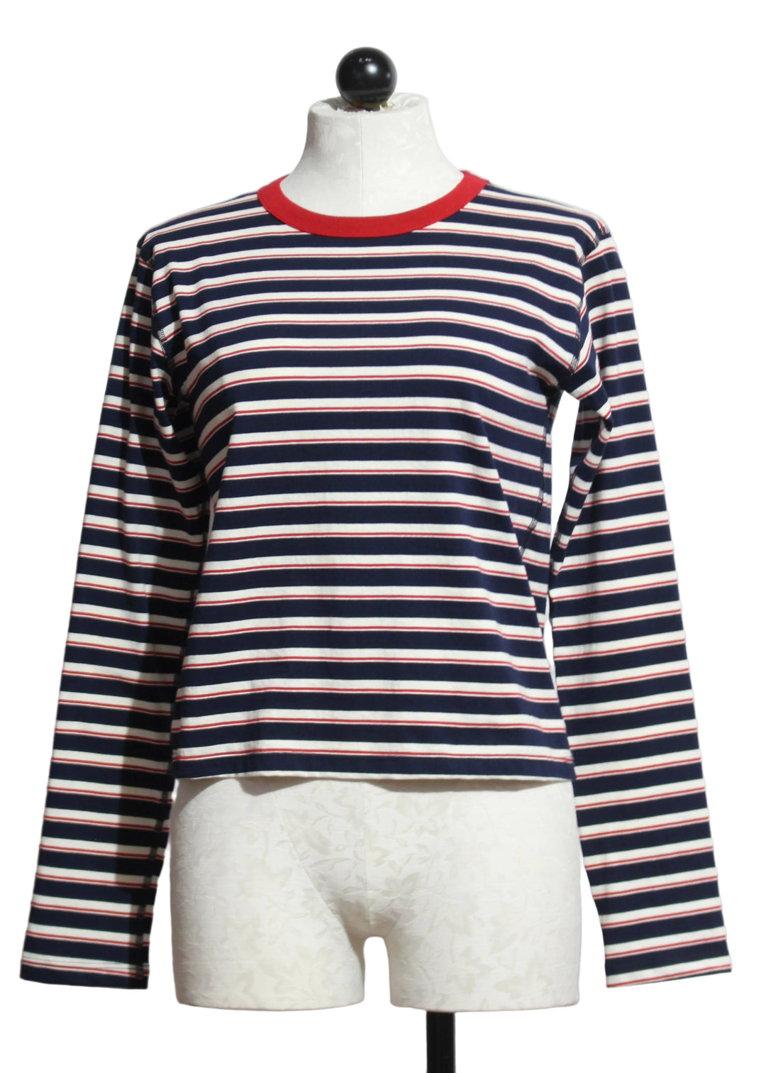 The Navy and Natural Lucy Long Sleeve Stripe Tee by Asher with a red trim Crew neckline