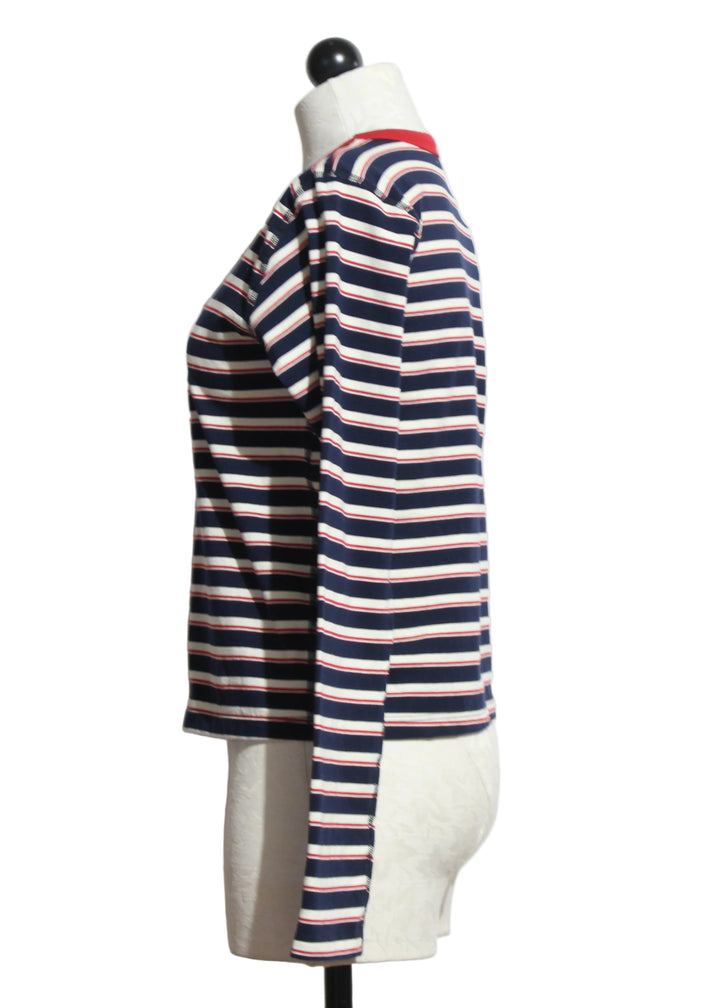 Side view of the Navy and Natural Lucy Long Sleeve Stripe Tee by Asher with a red trim Crew neckline