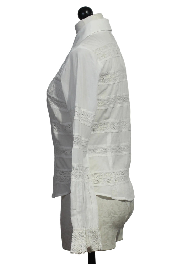 side view of The Lacey Top by Love the Label is a white long-sleeve top