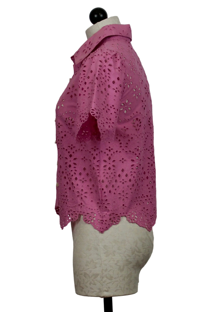 side view of Orchid colored Eyelet Abigail Top by Love the Label
