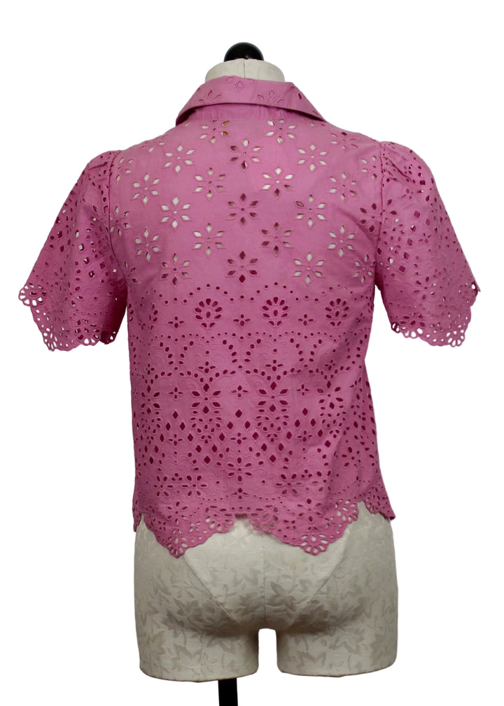 back view of Orchid colored Eyelet Abigail Top by Love the Label