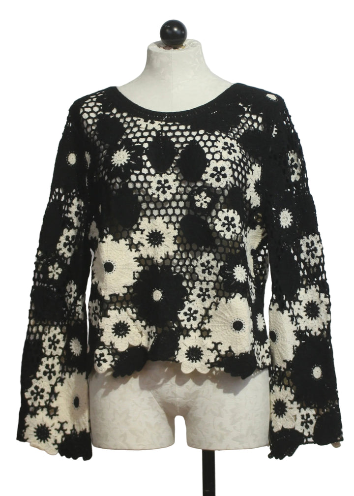 Black and White Floral Crochet Pullover by Adore 