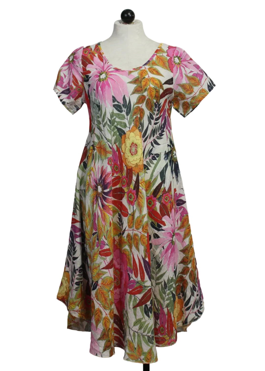 Multicolored Linen Floral Short Sleeve Bias Cut Dress by Sorella 
