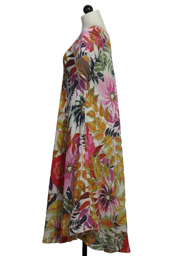 side view of Multicolored Linen Floral Short Sleeve Bias Cut Dress by Sorella 