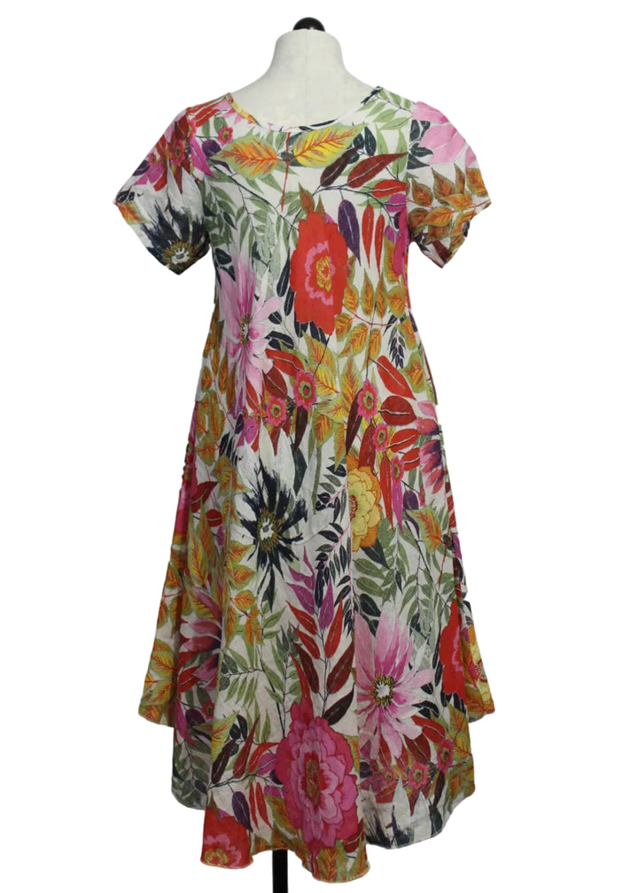 back view of Multicolored Linen Floral Short Sleeve Bias Cut Dress by Sorella 