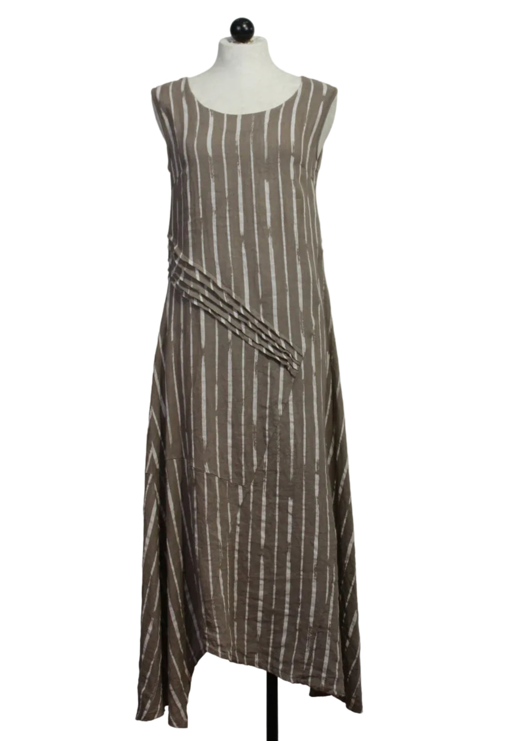 Sleeveless Linen Striped Dress with Ribbing and Pleat Detail by Sorella