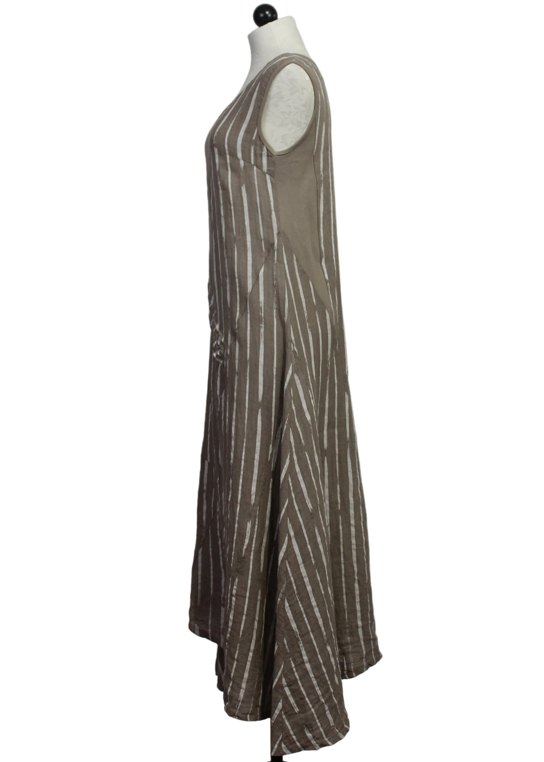 side view of Sleeveless Linen Striped Dress with Ribbing and Pleat Detail by Sorella