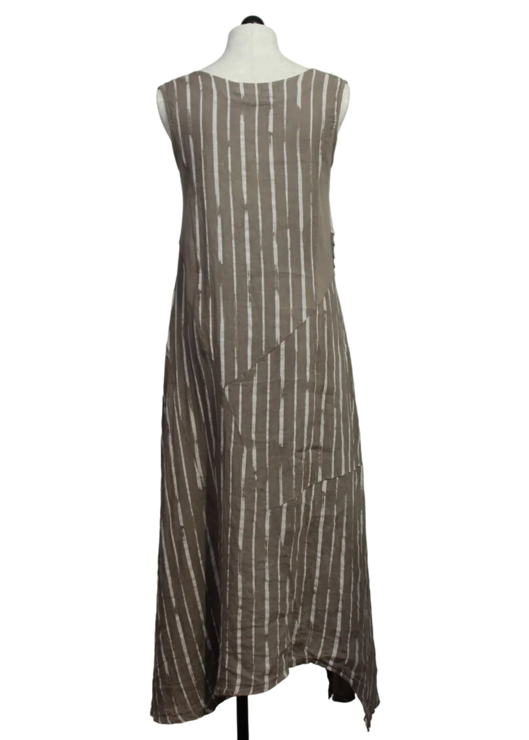 back view of Sleeveless Linen Striped Dress with Ribbing and Pleat Detail by Sorella