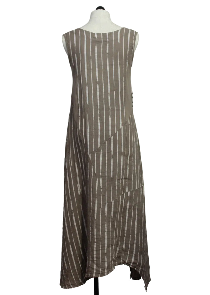 back view of Sleeveless Linen Striped Dress with Ribbing and Pleat Detail by Sorella
