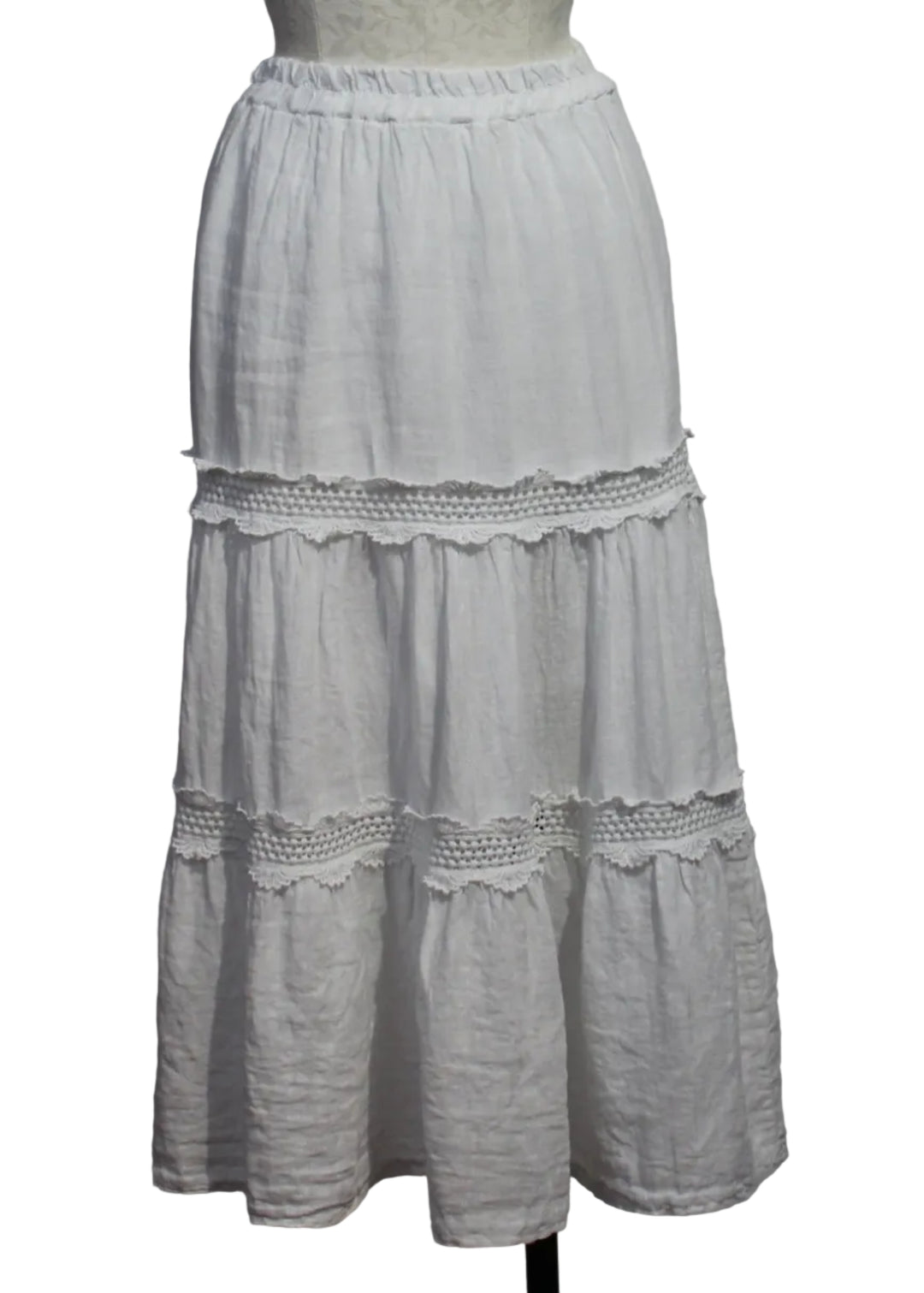 White Linen Tiered Skirt with Lace Detail by Sorella 