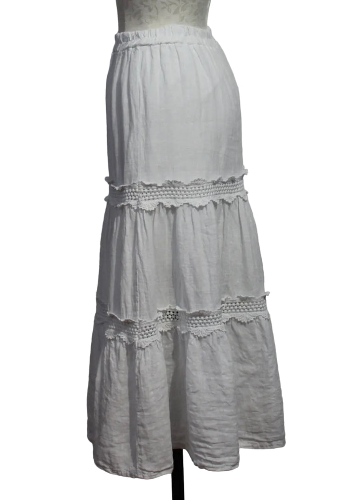 side view of White Linen Tiered Skirt with Lace Detail by Sorella 