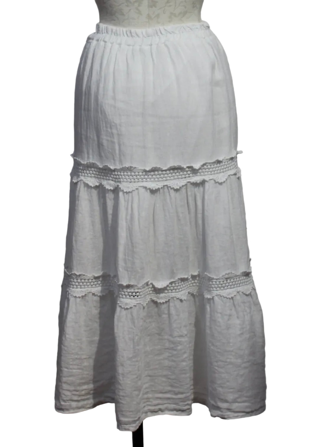 back view of White Linen Tiered Skirt with Lace Detail by Sorella 